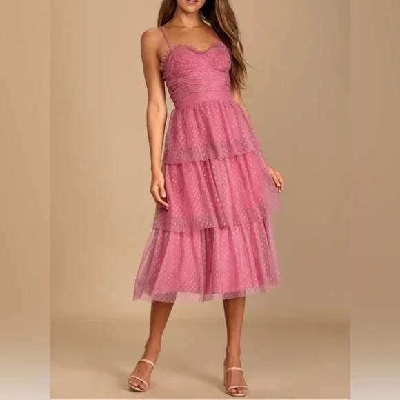 💗 Lulus Pink Tulle Polka Dot Midi Dress Size L Tiered Romantic Party NWT✨ - Picture 4 of 5